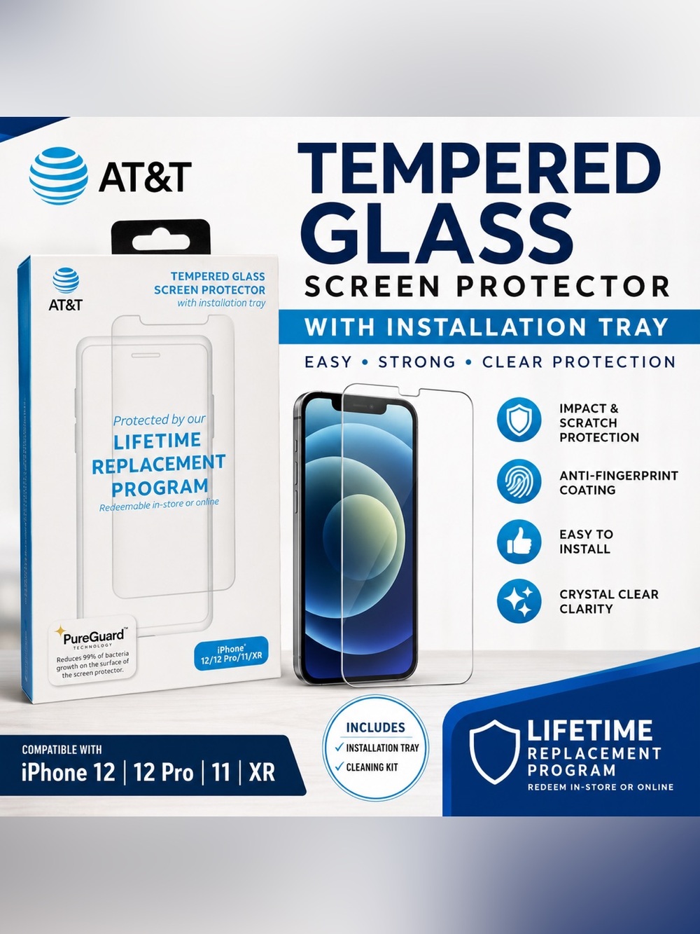 AT&T Tempered Glass Screen Protector w/ Installation Tray iPhone 12/12 Pro/11/XR